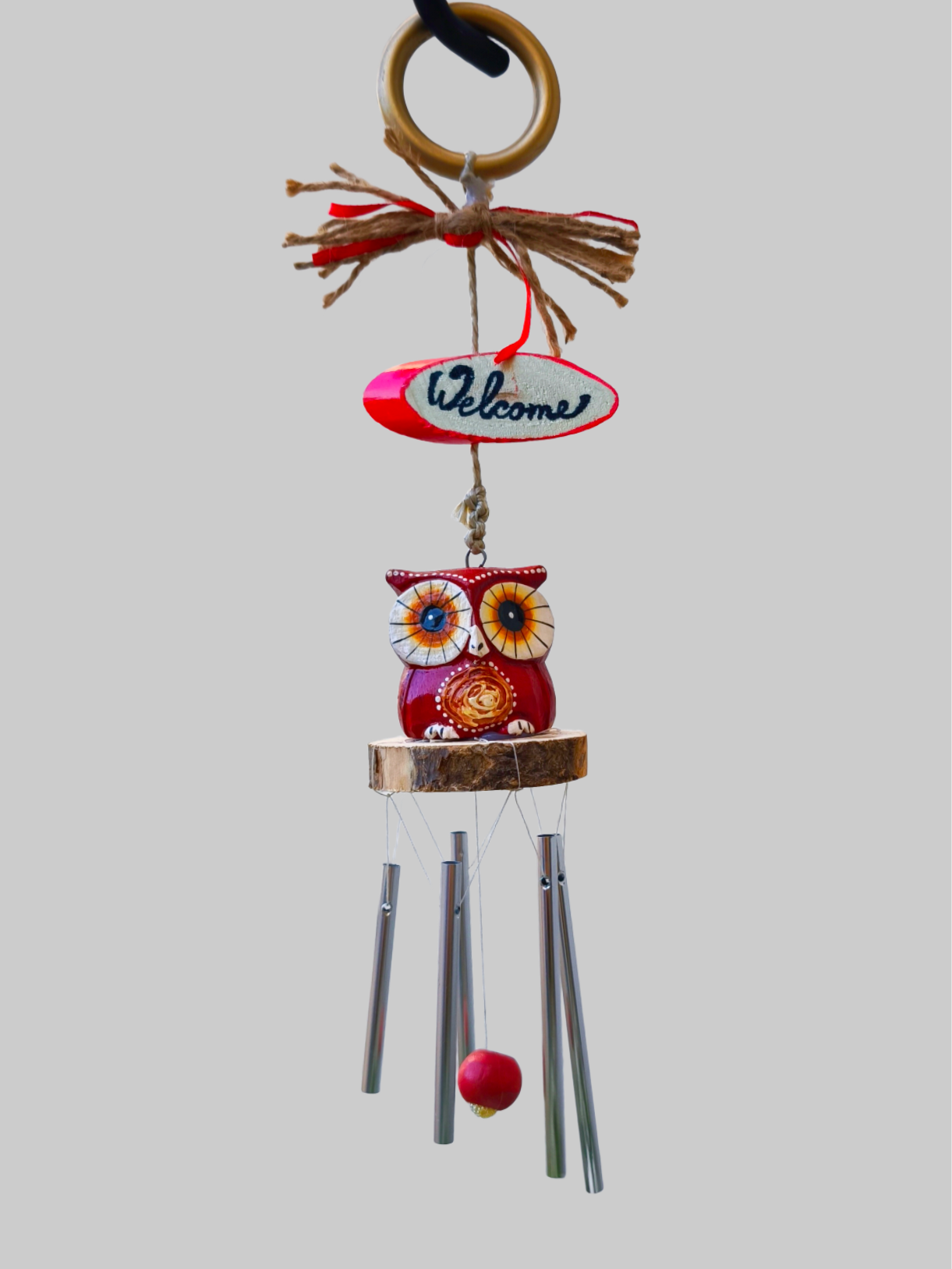 Windspiel Eule Rot, Dekorativer Gartenaufhänger, Deko Handgefertigt