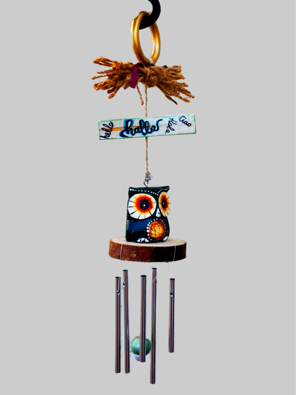 Windspiel Eule Grün, Dekorativer Gartenaufhänger, Deko Handgefertigt