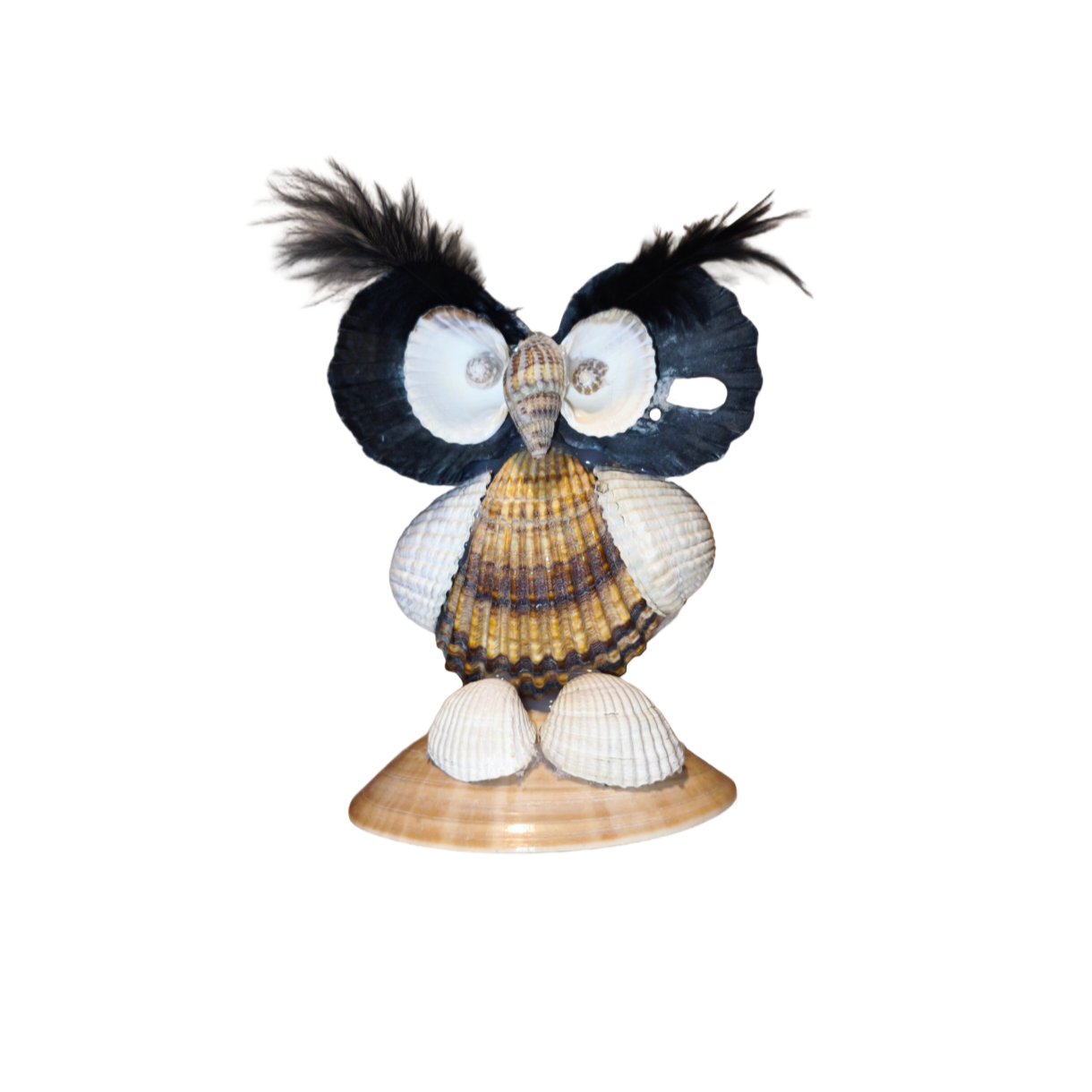 Vintage Muschel-Eule, Handgemacht aus Muscheln und Feder, Souvenir