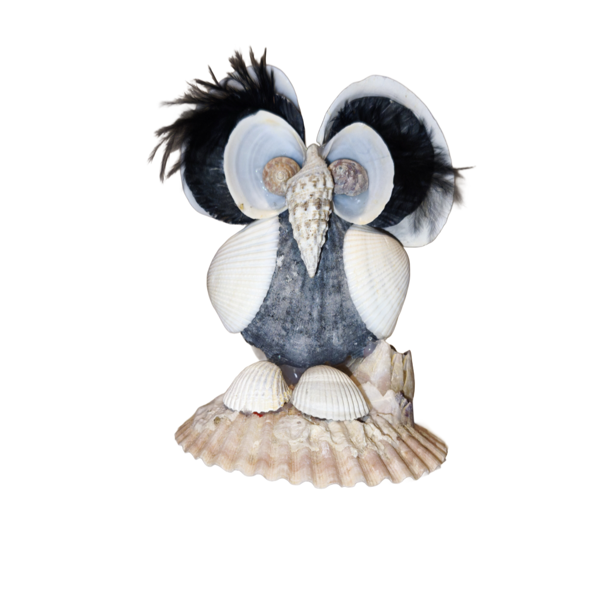 Vintage Muschel-Eule, Handgemacht aus Muscheln und Feder, Souvenir