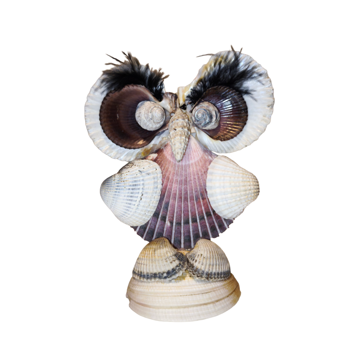 Vintage Muschel-Eule, Handgemacht aus Muscheln und Feder, Souvenir