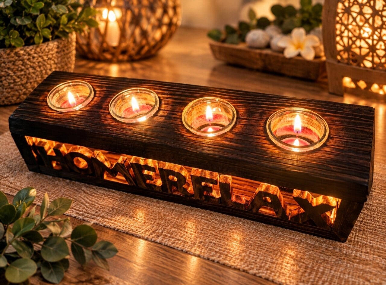 Rustikaler 4-Teelicht-Halter "Feuer&Holz". Nachhaltiges Holz, von Flammen geküsst.