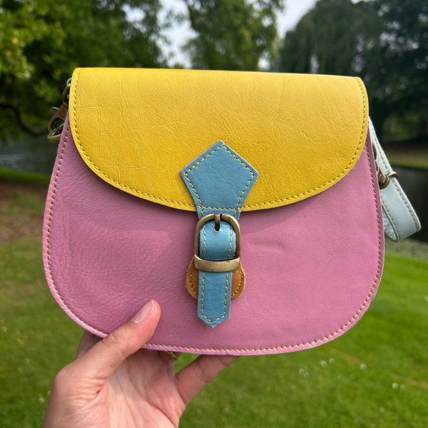 Leren tasje roze geel