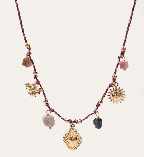 Ketting boho met bedels - bordeaux