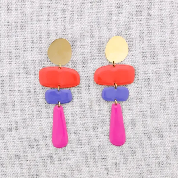 Geometrische oorbellen emaille - roze paars rood