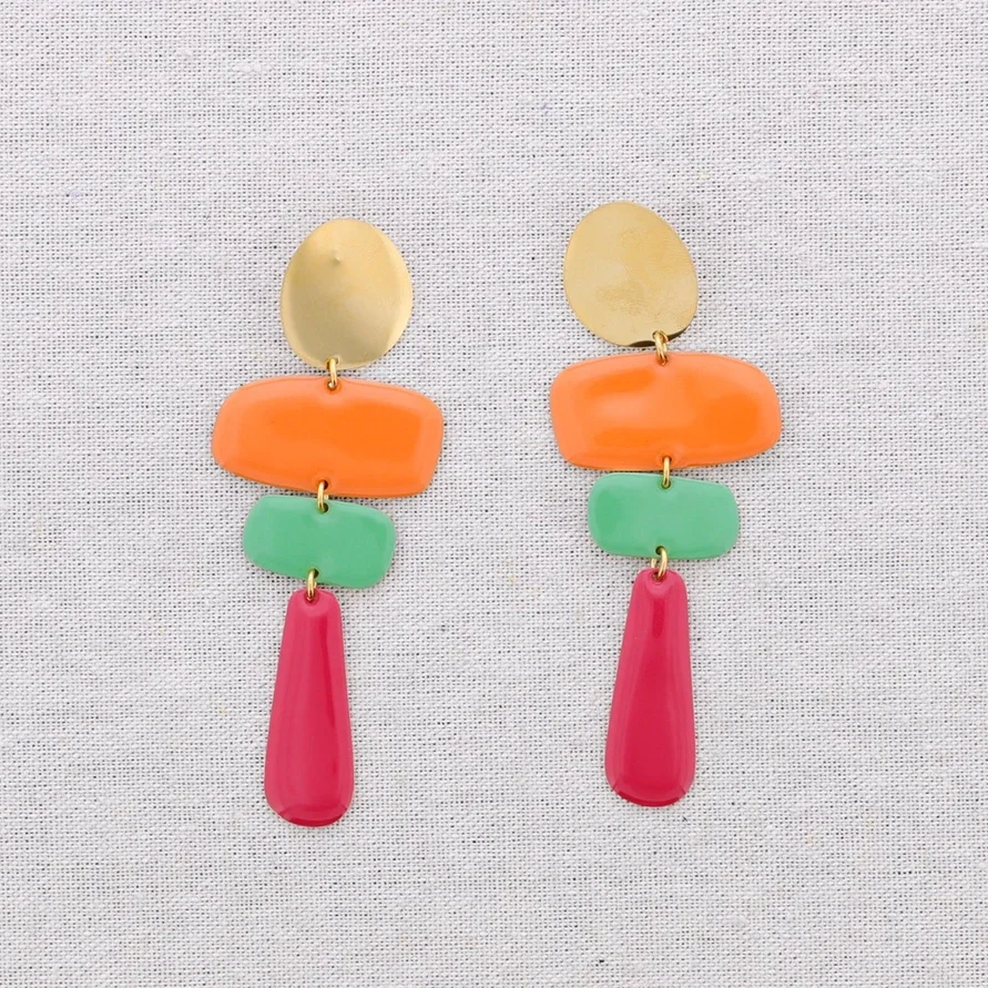 Geometrische oorbellen emaille - oranje groen