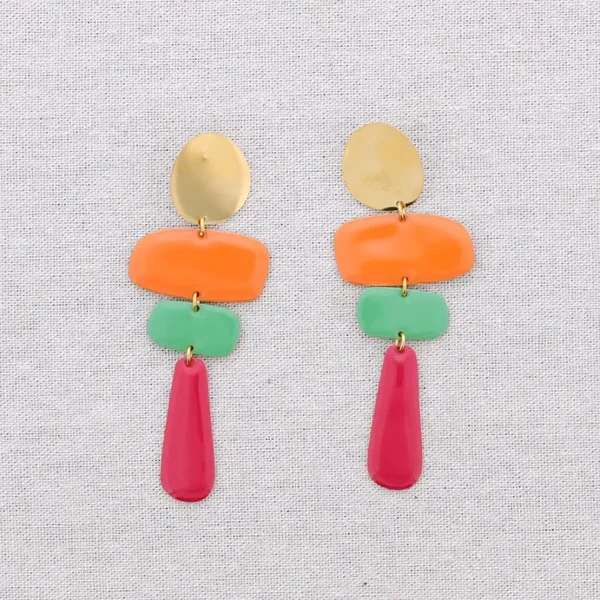 Geometrische oorbellen emaille - oranje groen