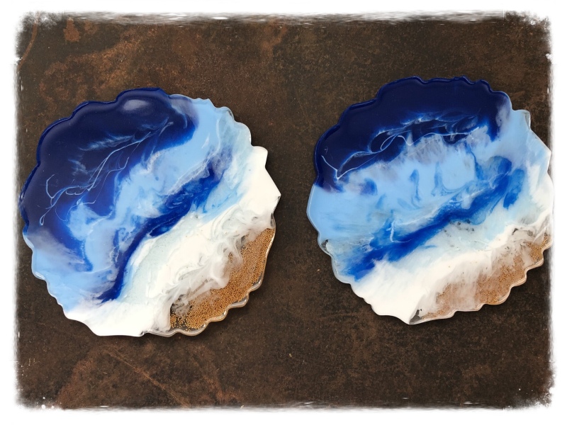 Resin Art "Pacific" Coasters Set of Two with micro-beads ("sand")
