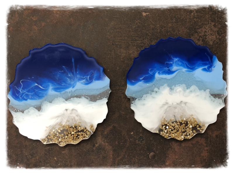 Resin Art "Atlantic" Coasters Set of Two with crushed glass ("sand")