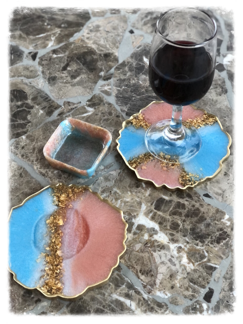 Resin Art "Baby Pink or Baby Blue" Coasters with Matching Side Dish