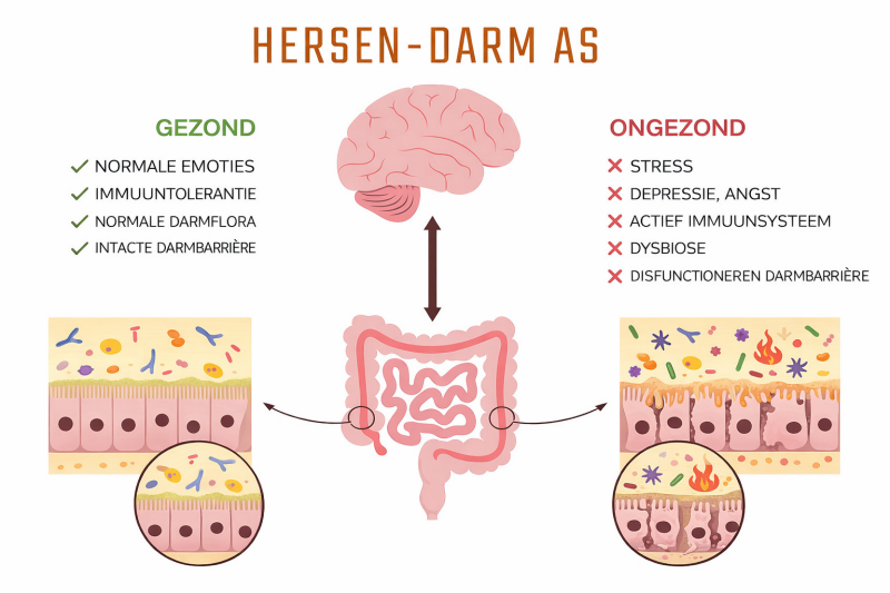 Schema van de hersen-darm as met uitleg over de relatie tussen darmgezondheid, darmflora, immuunsysteem en mentale klachten zoals stress, angst en depressie.