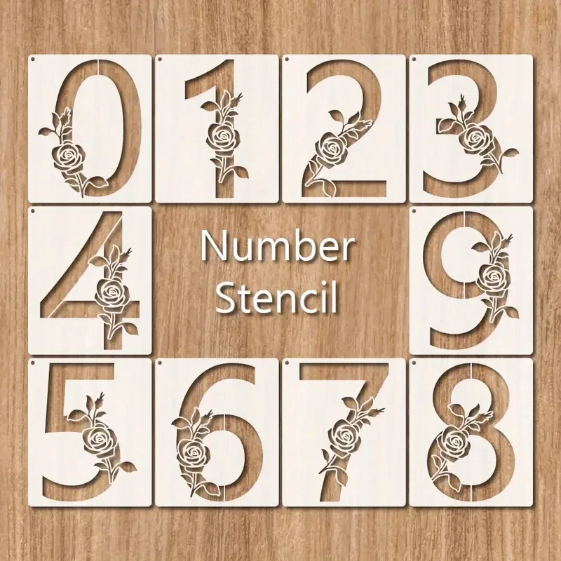 Set of Numbers 0-9 WITH ROSE CENTRE Stencils Scrapbooking Tee Shirt Wall Painting Glass Fabric Greeting Cards Stencil Mylar Mixed Media Decorative Cake Stencils Furniture Spray Paint Templates Craft Projects Interior Exterior