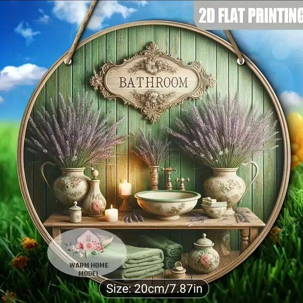 2D Graphic Print Design BATHROOM TOILET Wooden Door Wall Sign Lavender Floral Theme, Farmhouse 8 Inch Diameter Room Plaque, Attractive Durable Lightweight Eye Catcher,