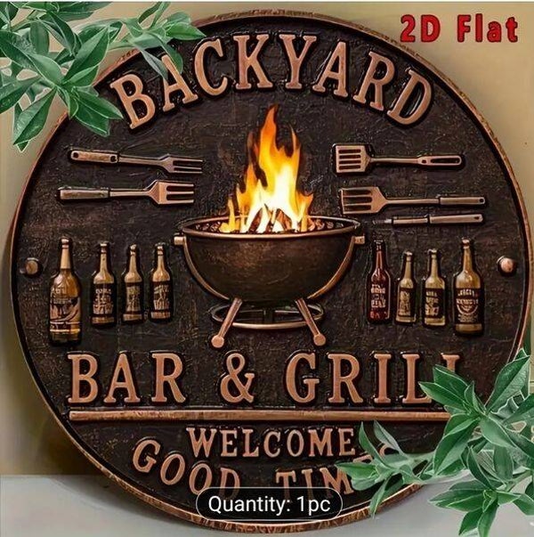 Backyard BBQ Bar and Grill Wooden Pub Sign, Shed, Garage, Outbuildings, Grilled  Barbecue Beer Garden Signs, Alcohol, Beer, Spirits, Soft Drinks Tea and Coffee, Hot Food and Snacks, Private Parties, Size 8 Inch Diameter,