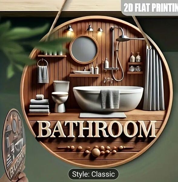 Vintage Round Wooden BATHROOM TOILET Sign, 2D Flat Decorative Classic Style Plaque, Home Decoration Easy Install Door Wall Window Ledge Accessory Decor Inspiration 8 Inch Diameter