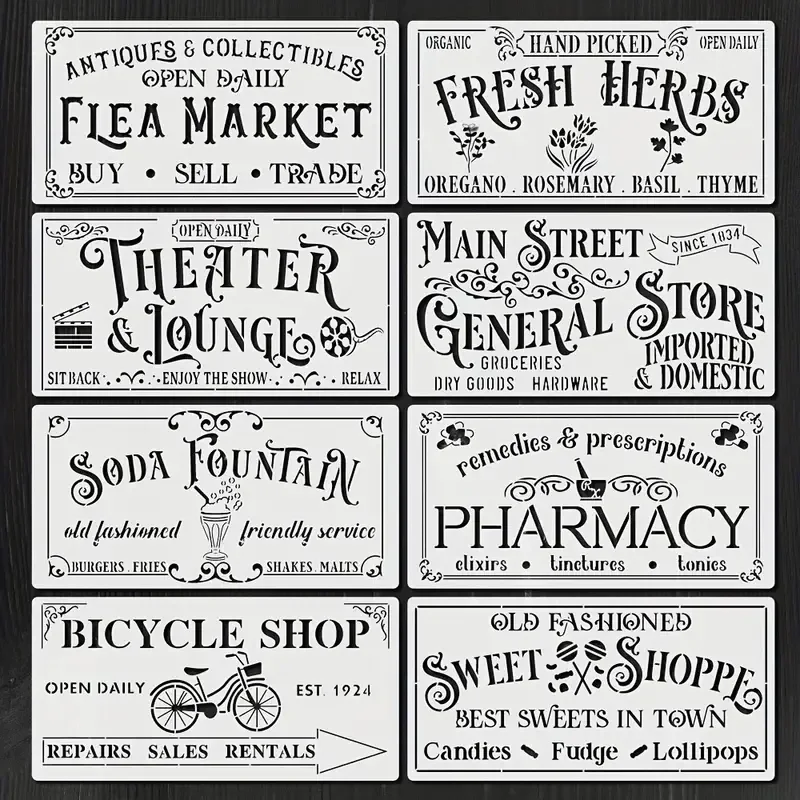 Vintage Farmhouse Stencil Kit  Reusable Ivory Plastic Templates for Rustic Kitchen Signs Walls Wood Burning  Features Flea Market Theatre Soda Fountain Small Business Home Decor Stencils Reusable