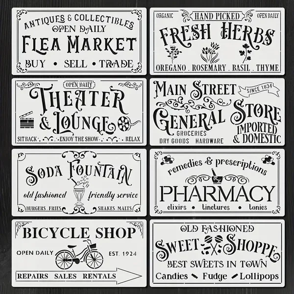 Vintage Farmhouse Stencil Kit  Reusable Ivory Plastic Templates for Rustic Kitchen Signs Walls Wood Burning  Features Flea Market Theatre Soda Fountain Small Business Home Decor Stencils Reusable
