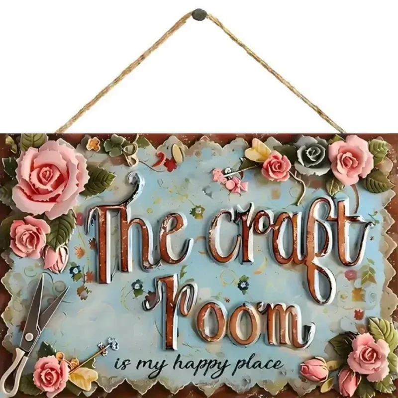 3D Craft Room 3D Effect "THE CRAFT ROOM IS MY HAPPY PLACE" Rectangle Wooden Sign Colourful Floral Design, Home Decoration, Arts and Crafts,