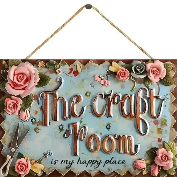 3D Craft Room 3D Effect "THE CRAFT ROOM IS MY HAPPY PLACE" Rectangle Wooden Sign Colourful Floral Design, Home Decoration, Arts and Crafts,