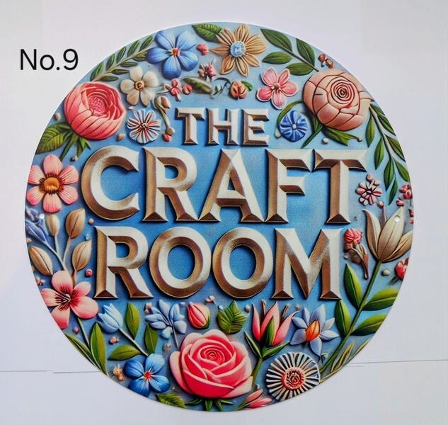 3D Effect Craft Room Sign "THE CRAFT ROOM” Lightweight Decorative Aluminium Round Plaque Colourful Pink and Blue Floral Design 2D Flat Print