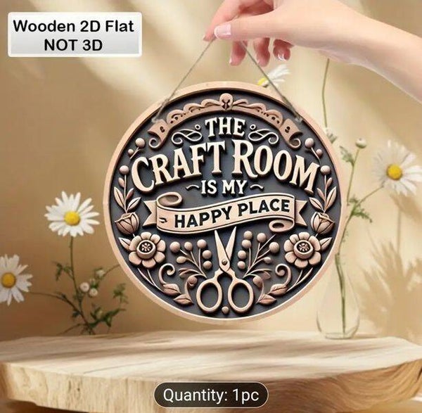 Wooden THE CRAFT ROOM "The Craft Room Is My Happy Place" Worded Round 8 Inch Diameter Sign Easily Fitted Wall Door Mounted, Lightweight, Perfect for Craft Room DIY Projects, 2D Flat Print, Pre Drilled Holes,