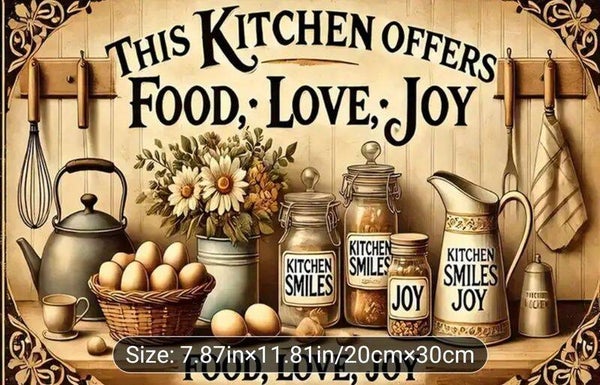 KITCHEN Wooden Hanging Door, Room, Sign, With The Words "This Kitchen Offers Food Love Joy" Text Featuring  Kitchen Kettle Eggs and Utensils Size 8x5 Inch