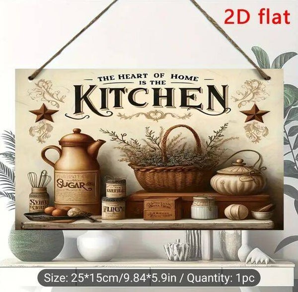 KITCHEN Rectangle Wooden Vintage-style Sign, with "The Heart of The Home" Phrase and Kitchen Essentials Wall Door Hanging Signs Easy Fitting, "dining," "Coffee," "cooking," "baking," "family gathering" Size 10x6 Inch