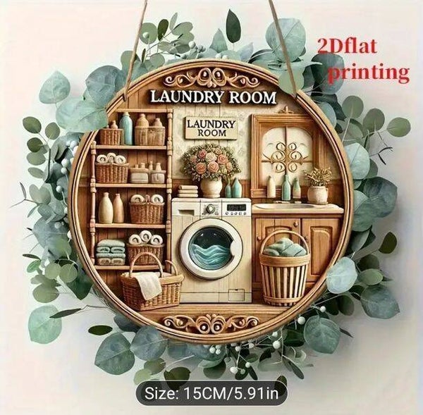 LAUNDRY ROOM Wooden Door Wall Plaque Sign, Home Washing Machine Room, Hanging Sign, Simple to Fit, Pre Drilled Holes For Hanging, Kitchen , Launderette, Washroom, Washing, Arts and Crafts Plaques, 8 Inch Diameter