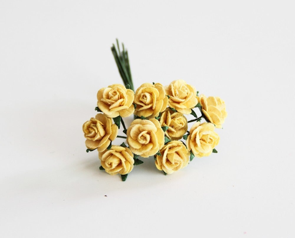 YELLOW MINI OPEN ROSES Mulberry Paper Flowers Closed ROSE BUDS SEMI OPEN ROSE Card Making Create Craft DIY Decorative Projects Flower Displays Paper Crafting Head Wrist Band Doll House Miniature Flowers Art Birthday Wedding Cards Floral Home Scrapbooks