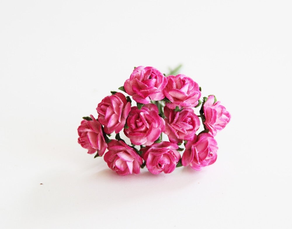 2TONE HOT PINK MINI OPEN ROSES Mulberry Paper Flowers Closed ROSE BUDS SEMI OPEN ROSE Card Making Create Craft DIY Decorative Projects Flower Displays Paper Crafting Head Wrist Band Doll House Miniature Flowers Art Birthday Wedding Cards Floral Decor