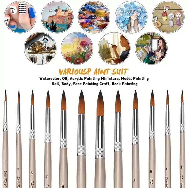 12pcs Professional Paint Brushes Set Round Pointed Tip Nylon Hair Artist Acrylic Brush for Acrylic Watercolour Oil Painting Body Paint miniature model nails Craft Oil Painting and Watercolour, Professional Artist Painting Brush Set for Oil, Acrylic,