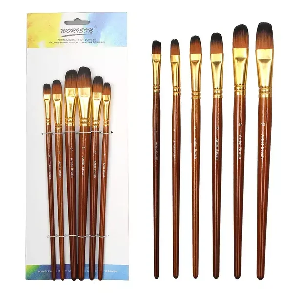 6pcs Filbert Artist Brush Set, Craft Hobbies, Acrylic and Oil Colour, Stroke details, short even strokes, borders and fine detail, rounding edges or flat, leaves, grass and foliage, flower petals, feathers. For all ages.