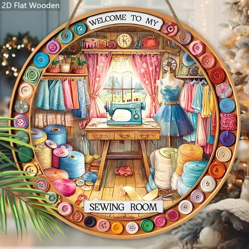 2D Flat Sewing Machine Themed Round Wooden " Welcome to My Sewing Room" Vintage Colourful Decorated with Buttons, Material, Cotton,  Craft Room Sign 8 inch diameter