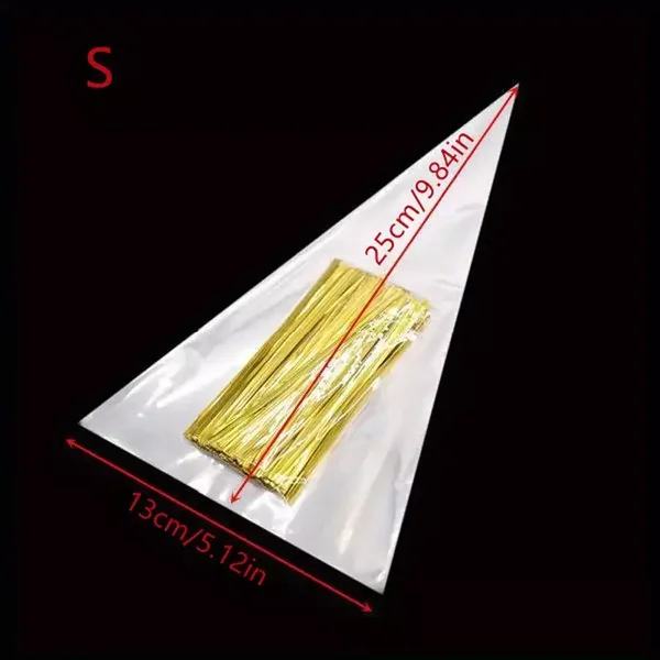 Medium Size Cello Bags, Transparent Cellophane Cone Shape Celebration Bags and Twist ties, Suitable for Cake, Chocolate, Nuts and Dry Fruit, Candy, Sweets, Popcorn,  Confetti, Transparent Party Special Occasions Snacks, Wedding Gift Favours, 9.8x 5 Inch