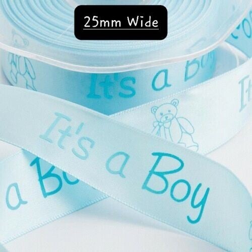 BLUE Satin Ribbon "It's a Boy" Motif Print with cute Bear 25mm wide x 3 meters length.