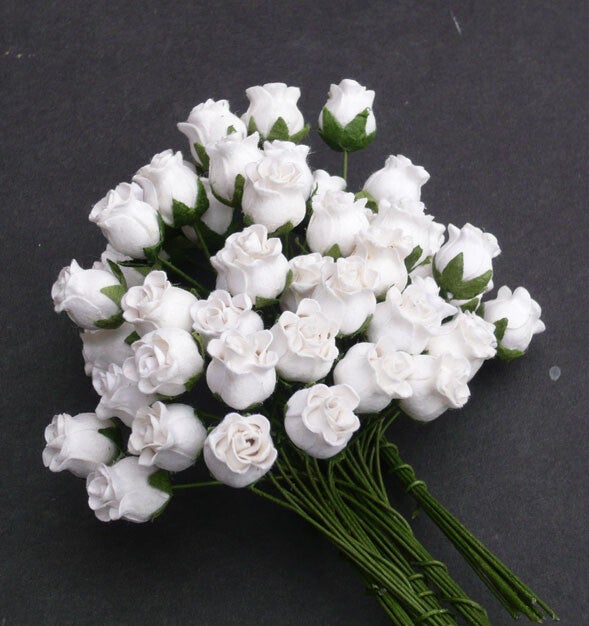 WHITE SEMI OPEN ROSES Mulberry Paper Flowers Card Making Create Craft DIY Decorative Projects Flower Displays Paper Crafting Head Wrist Band Doll House Miniature Flowers Art Birthday Wedding Cards Floral Home Decor Scrapbooking Gift Wrapping Art and Craft