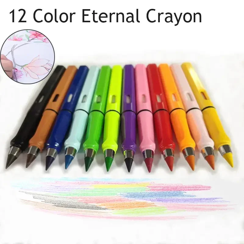 12x Colour Arts and Crafts Erasable Pencils-Crayons No Sharpening Needed Perfect Classic Colours Combination Eternity Pencil Smooth Handwriting 0.5mm nib Pen uses Stencil work Colouring Books Letters Inkless Metal Pen Magic Painting