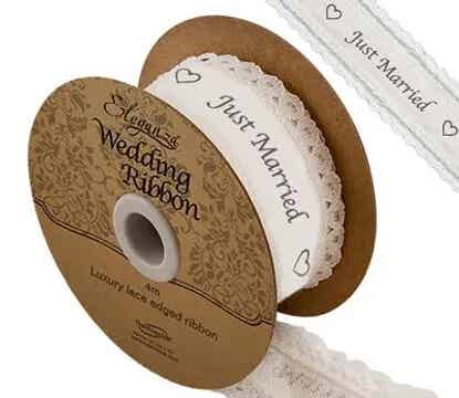 JUST MARRIED WHITE COTTON LACE EDGE WEDDING RIBBON 38mm wide x 4 meter long ELEGANZA