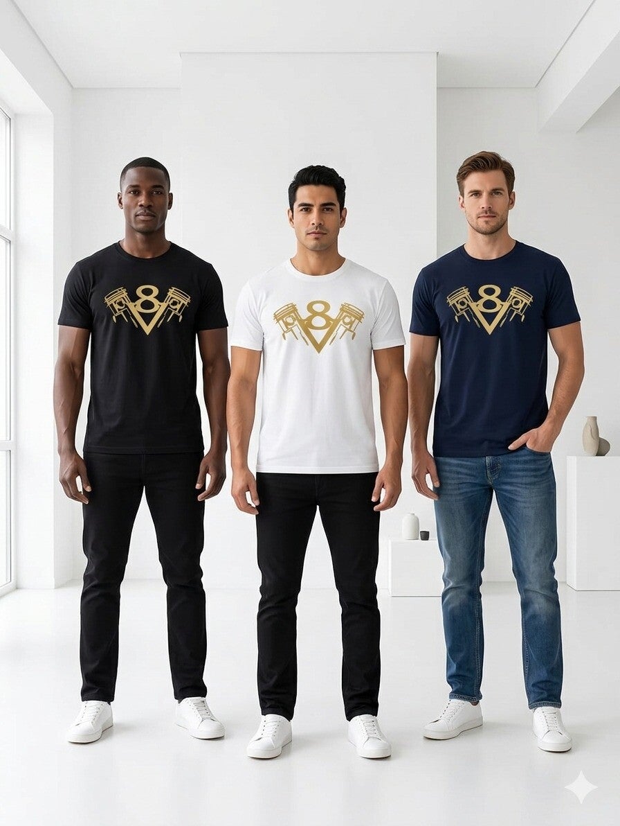 v 8 in midden logo t-shirt  grijs-zwart-wit