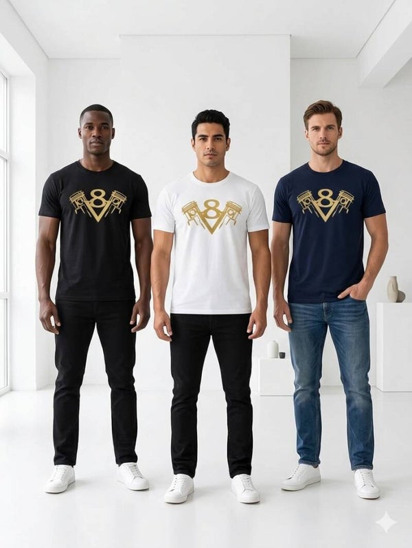 v 8 in midden logo t-shirt  grijs-zwart-wit