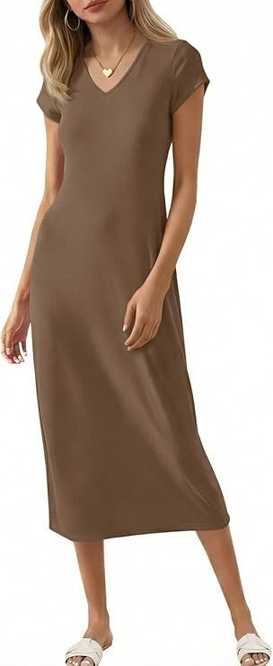 Wenrine Damen Kurzarm Midi Kleid V