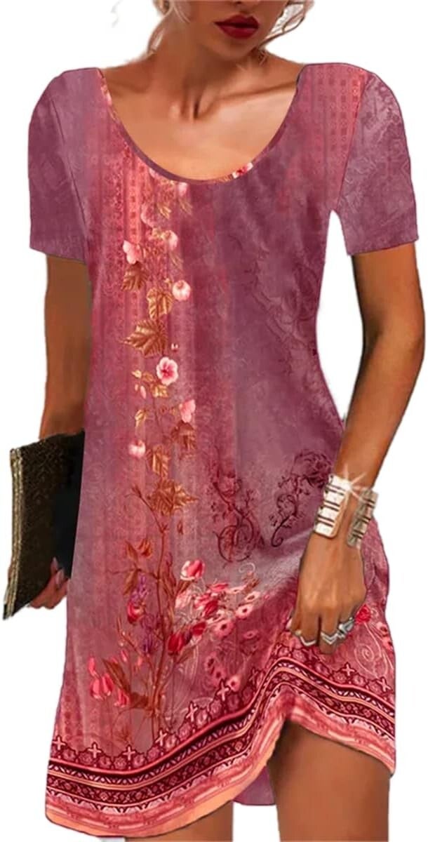 Damen Kurzarm Rundhals Kleid Bohemian