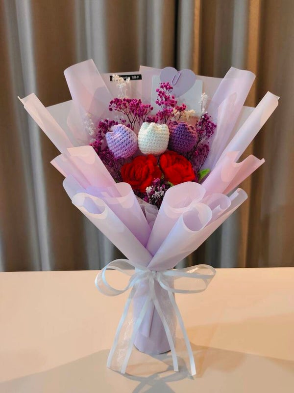 BBF0216 Tulip rose baby breath purple bouquet
