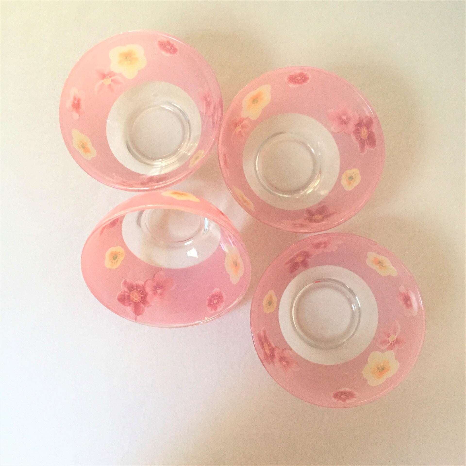 4 bols en verre Arc décor floral rose