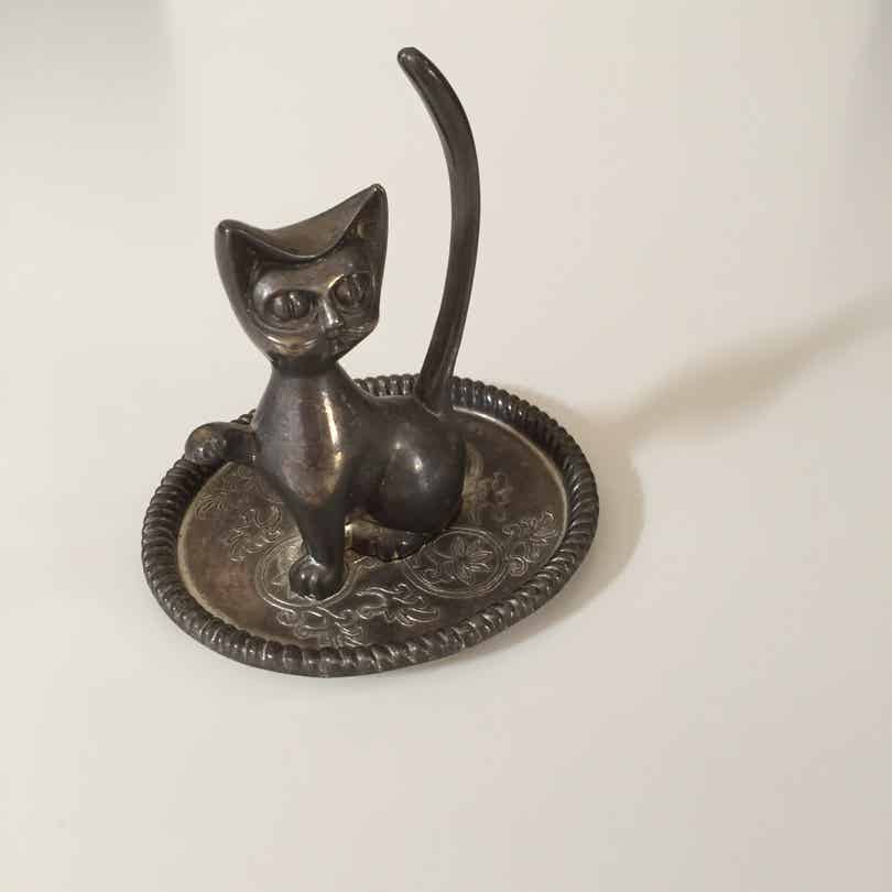 Baguier Chat en métal argenté vintage