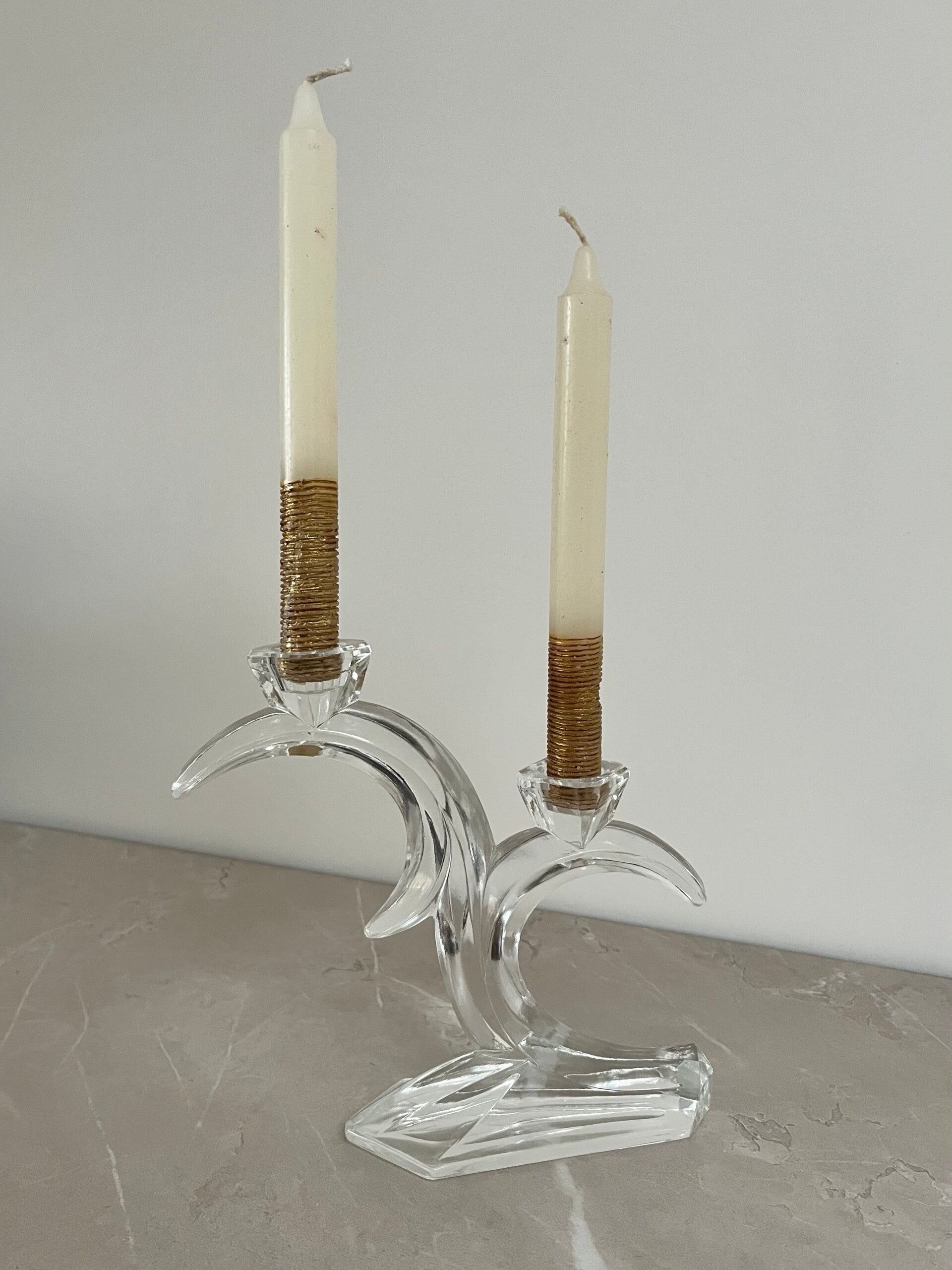 Bougeoir double en verre Art Déco