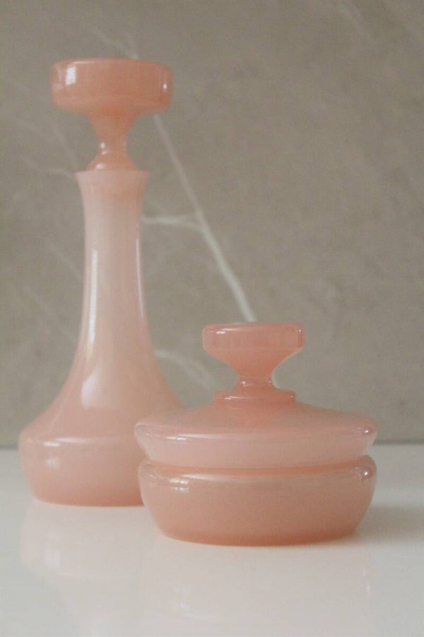 Flacon et pot vintage roses en opaline