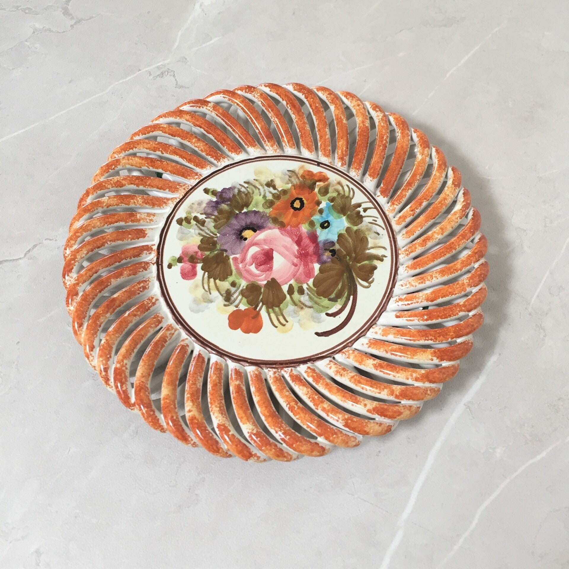 Vintage assiette décorative ajourée Castelli Italie Marron