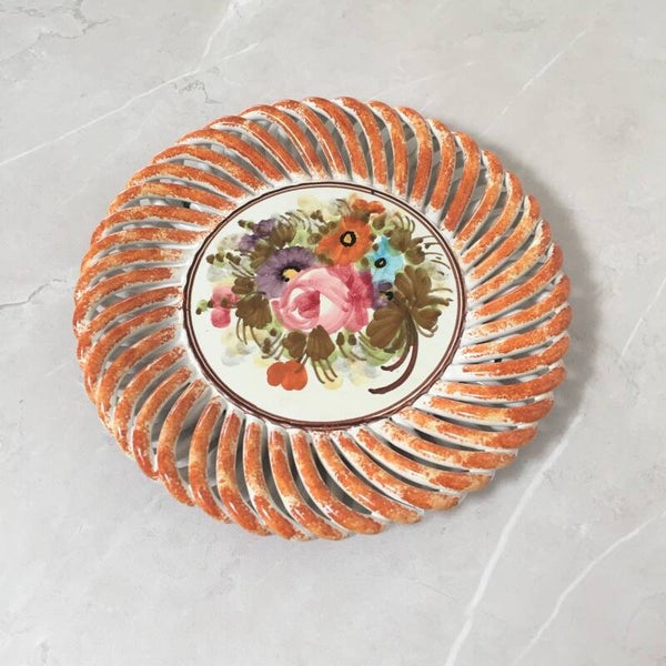 Vintage assiette décorative ajourée Castelli Italie Marron