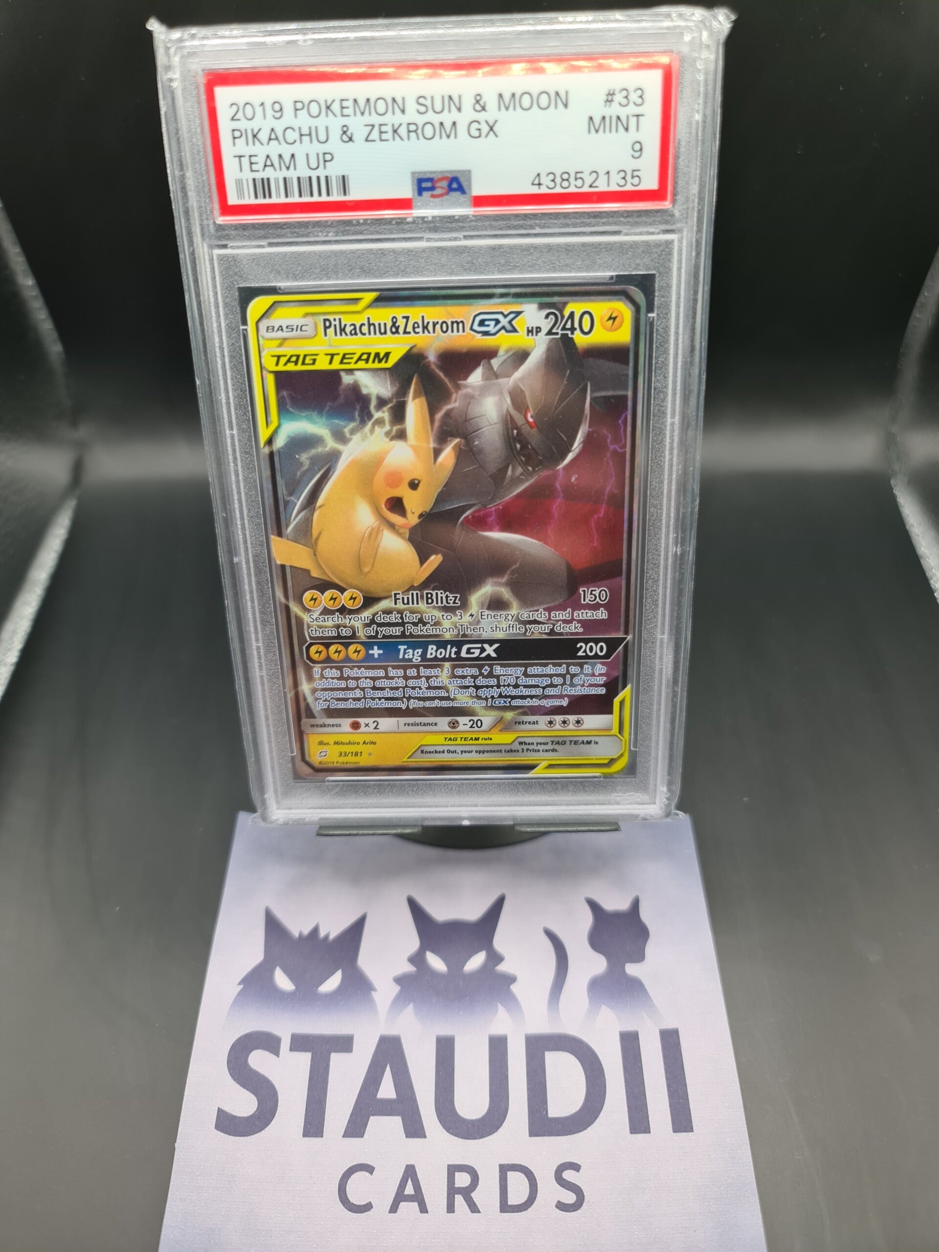 Pikachu & Zekrom GX – PSA 9 MINT – English – Team Up (2019) – Tag Team Holo ⚡🤝